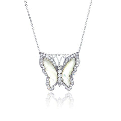 Sterling Silver Necklace with Antique Style Mother of Pearl Butterfly Inlaid with Clear Czs Pendant