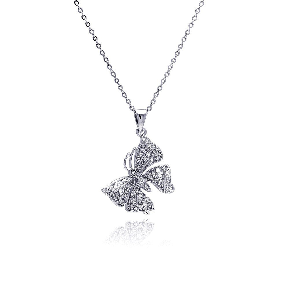 Sterling Silver Necklace with Fancy Paved Czs Dangling Butterfly Pendant