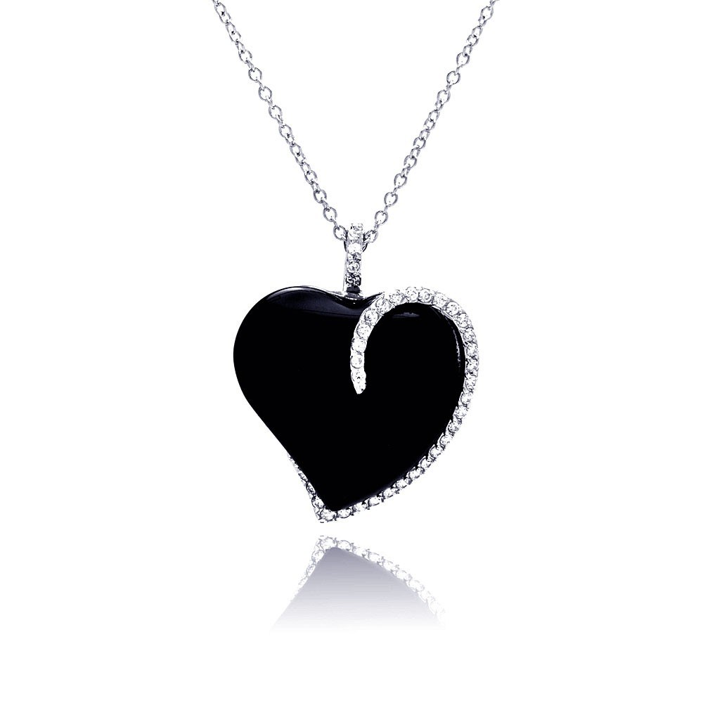 Sterling Silver Necklace with Fancy Black Onyx Heart Inlaid with Clear Czs Pendant