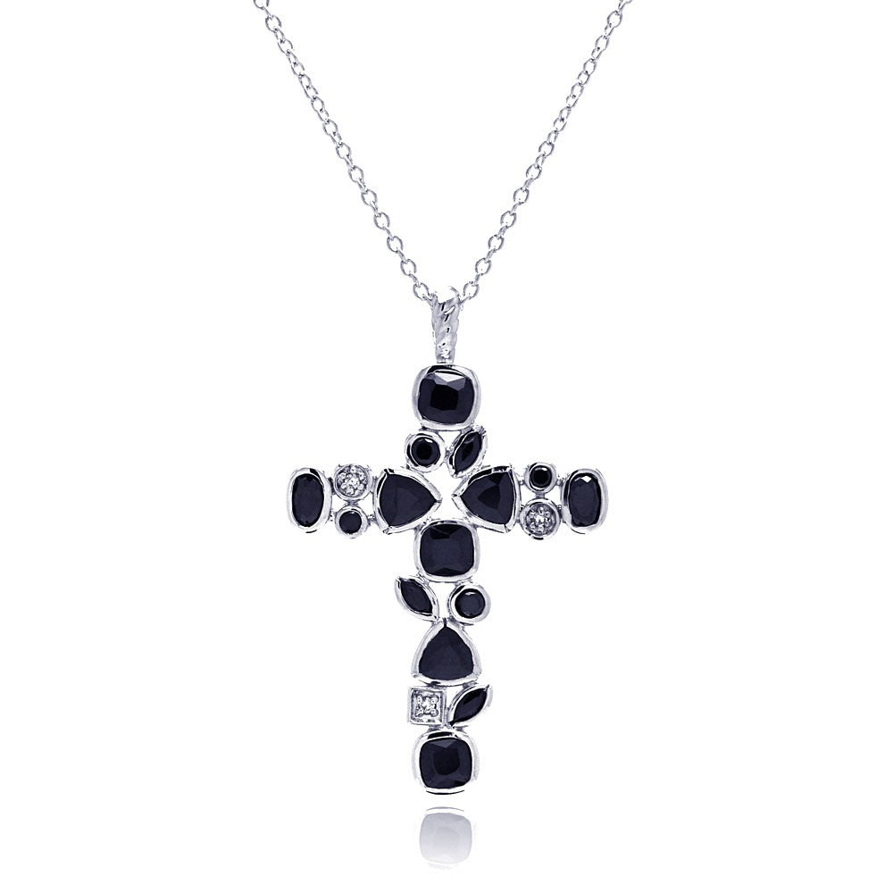 Sterling Silver Rhodium Plated Cross Black and Clear Multi-shape CZ Necklace