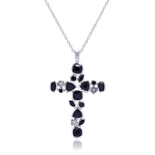 Load image into Gallery viewer, Sterling Silver Rhodium Plated Cross Black and Clear Multi-shape CZ Necklace