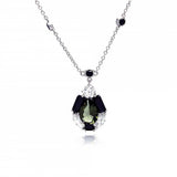 Sterling Slver Necklace with Stylish Teardrop Pendant Centered with Green Cz Stone and Inlaid with Black Baguette and Clear Czs