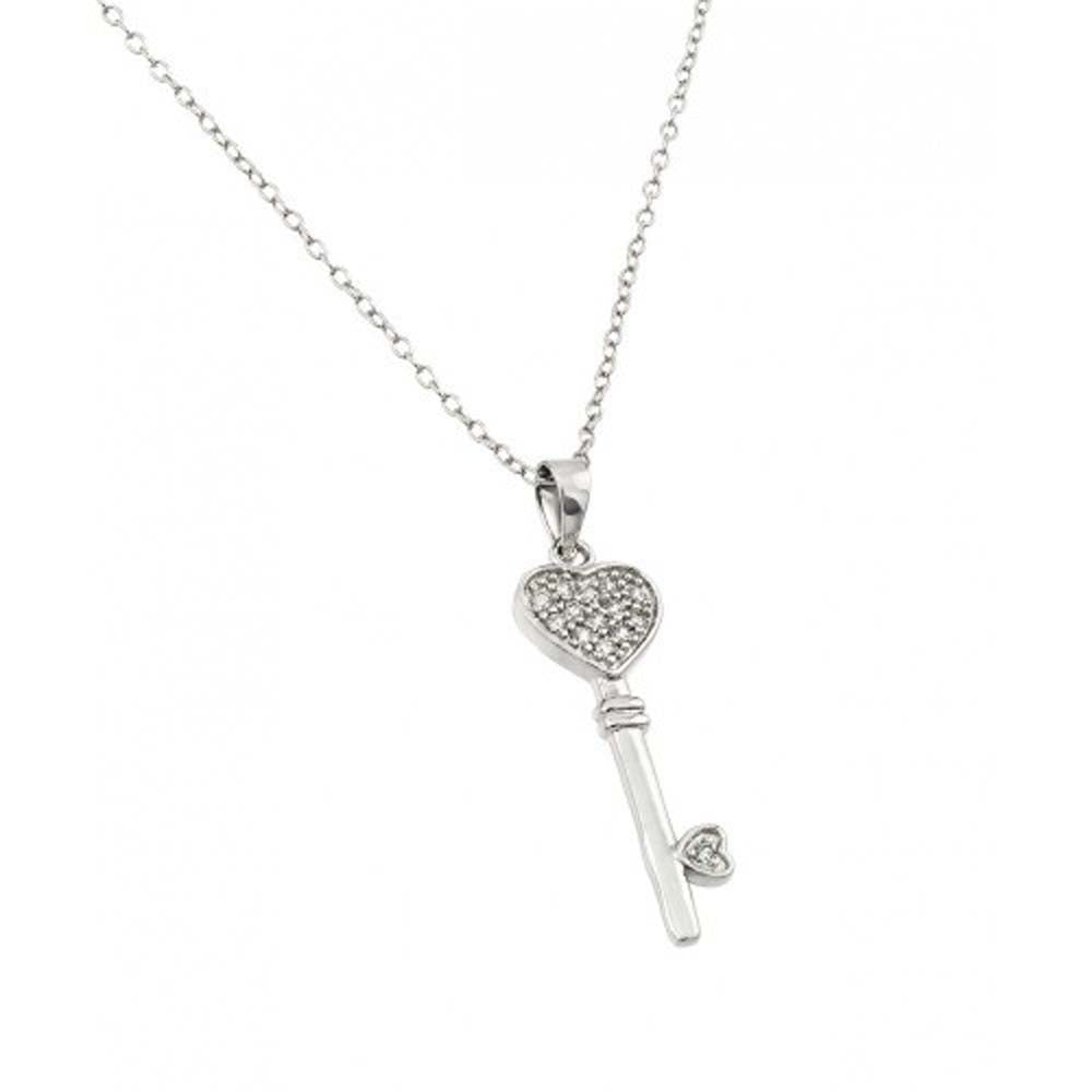 Sterling Silver Rhodium Plated Heart Key CZ Necklace