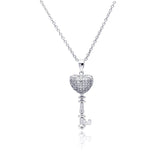 Sterling Silver Necklace with Paved Clear Czs Heart Key Pendant