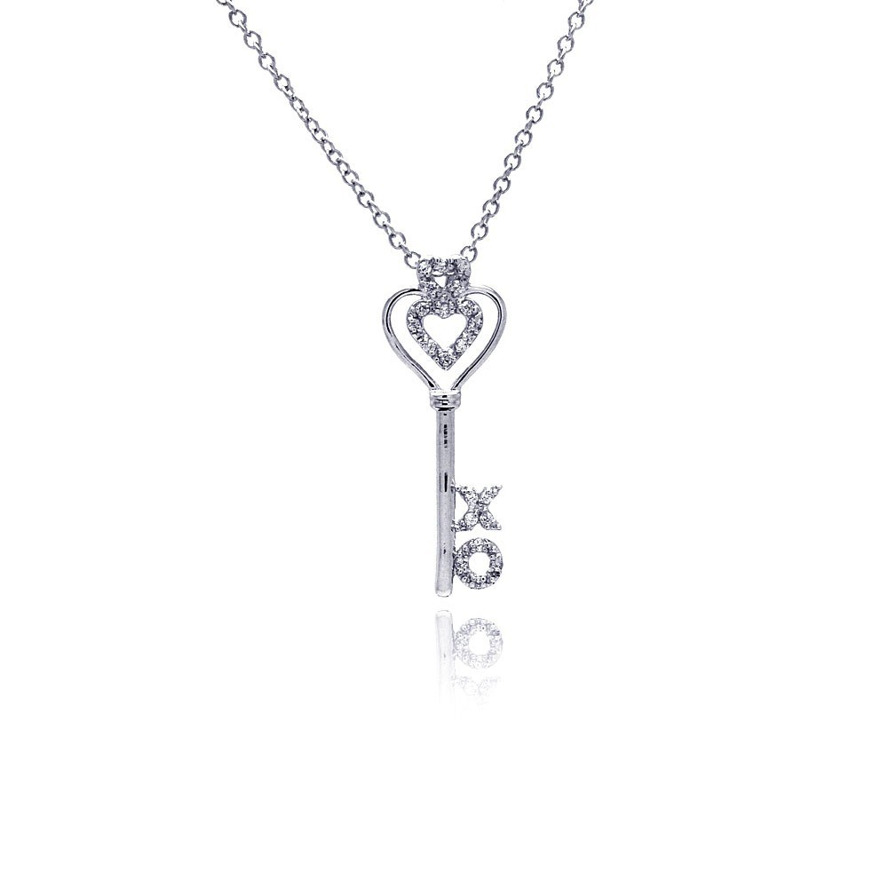 Sterling Silver Necklace with Open Double Heart Key X O Design Inlaid with Clear Czs Pendant