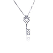 Load image into Gallery viewer, Sterling Silver Necklace with Open Double Heart Key X O Design Inlaid with Clear Czs Pendant