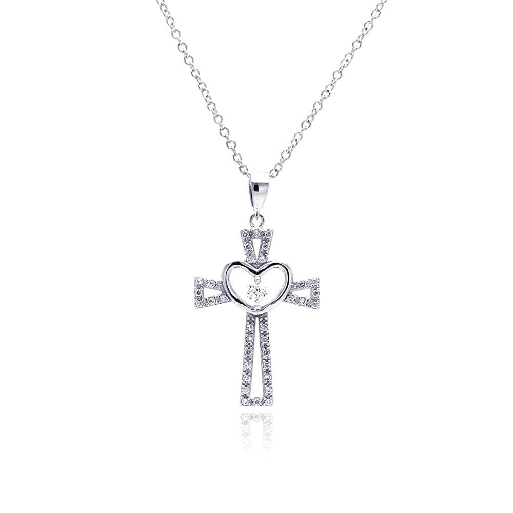 Sterling Silver Rhodium Plated Heart Open Cross CZ Necklace