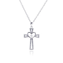 Load image into Gallery viewer, Sterling Silver Rhodium Plated Heart Open Cross CZ Necklace