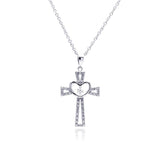 Sterling Silver Rhodium Plated Heart Open Cross CZ Necklace