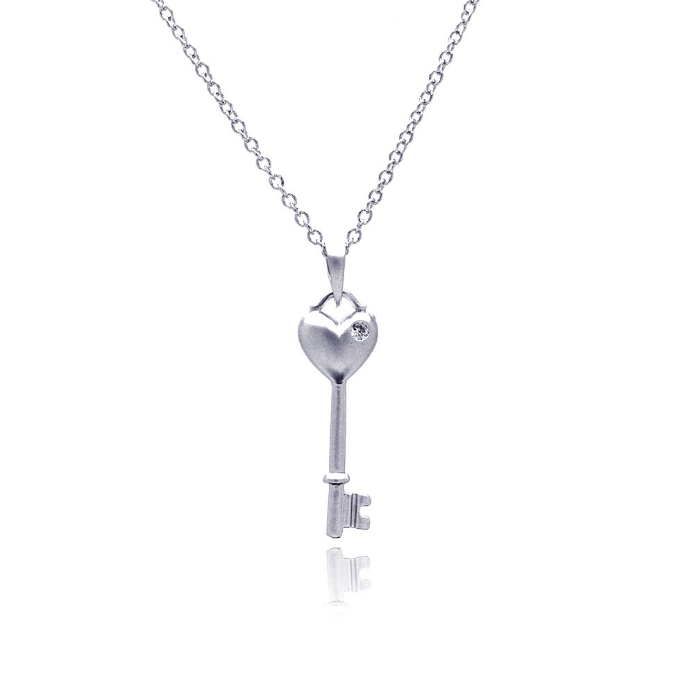 Sterling Silver Necklace with Plain Heart Key Inlaid with Single Clear Cz Pendant