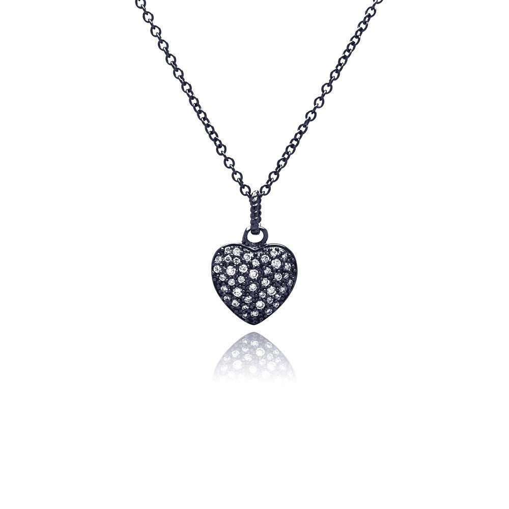 Sterling Silver Black Rhodium Plated Necklace with Paved Heart Pendant
