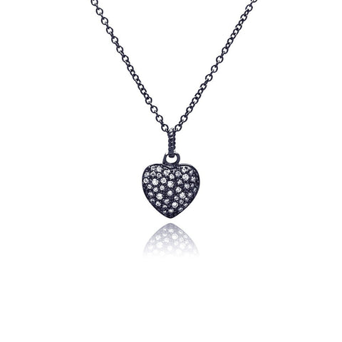 Sterling Silver Black Rhodium Plated Necklace with Paved Heart Pendant