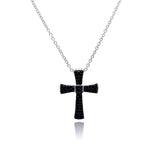 Sterling Silver Rhodium Plated Cross Black CZ Necklace