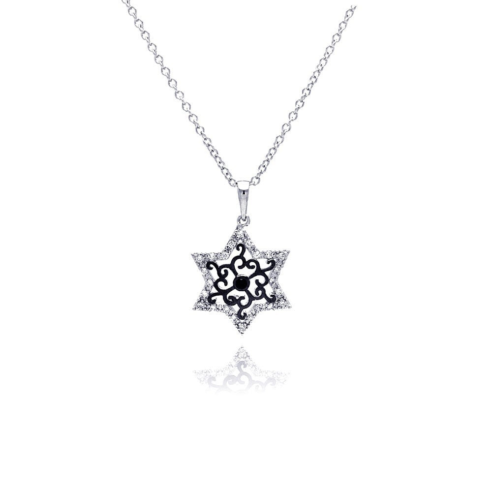 Sterling Silver Rhodium Plated Open Star Black Filigree CZ Necklace
