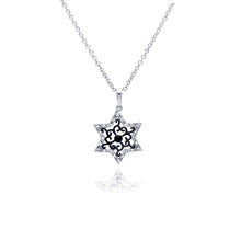 Load image into Gallery viewer, Sterling Silver Rhodium Plated Open Star Black Filigree CZ Necklace