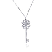 Load image into Gallery viewer, Sterling Silver Necklace with Fancy Four Clover Heart Key Inlaid with Clear Czs Pendant