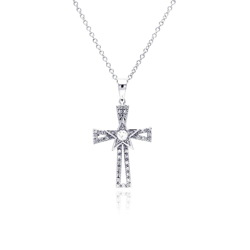 Sterling Silver Rhodium Plated Cross Open CZ Necklace