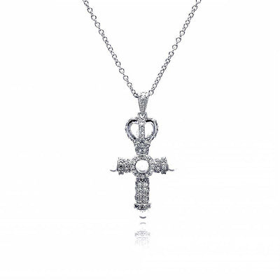 Sterling Silver Rhodium Plated Cross Crown CZ Center Pearl Necklace