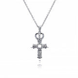Sterling Silver Rhodium Plated Cross Crown CZ Center Pearl Necklace
