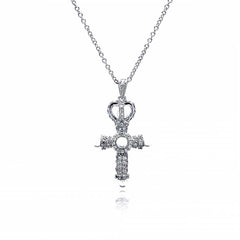 Sterling Silver Rhodium Plated Cross Crown CZ Center Pearl Necklace