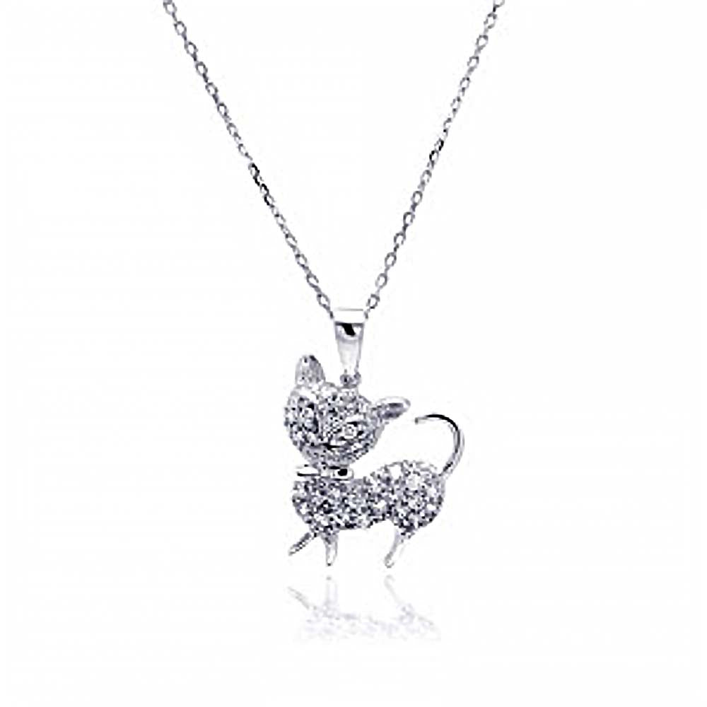 Sterling Silver Necklace with Fancy Walking Cat Covered with Clear Czs Pendant