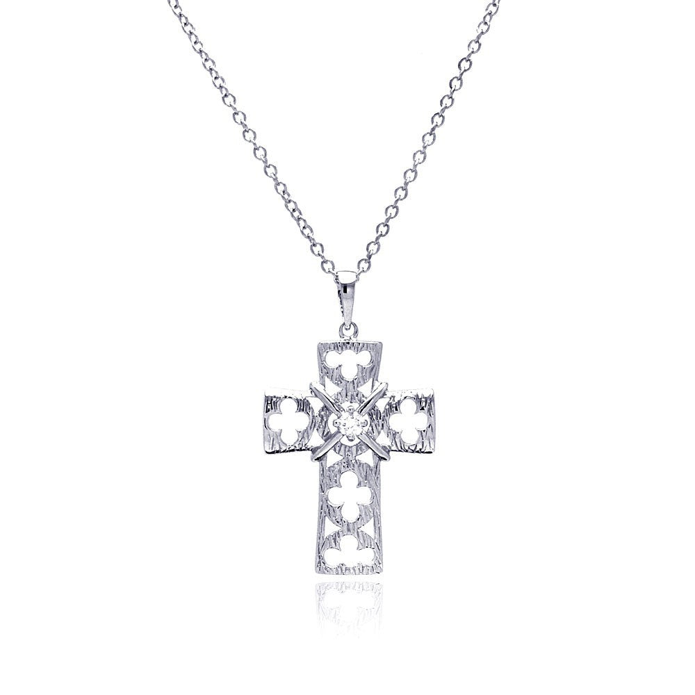 Sterling Silver Rhodium Plated Open Clover Leaf Cross CZ Necklace