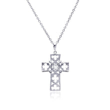Load image into Gallery viewer, Sterling Silver Rhodium Plated Open Clover Leaf Cross CZ Necklace
