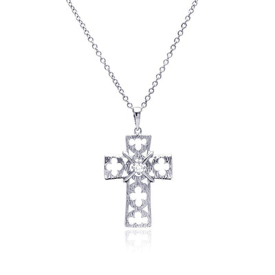 Sterling Silver Rhodium Plated Open Clover Leaf Cross CZ Necklace