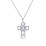 Sterling Silver Rhodium Plated Open Clover Leaf Cross CZ Necklace