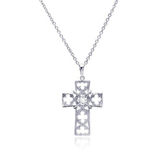 Sterling Silver Rhodium Plated Open Clover Leaf Cross CZ Necklace