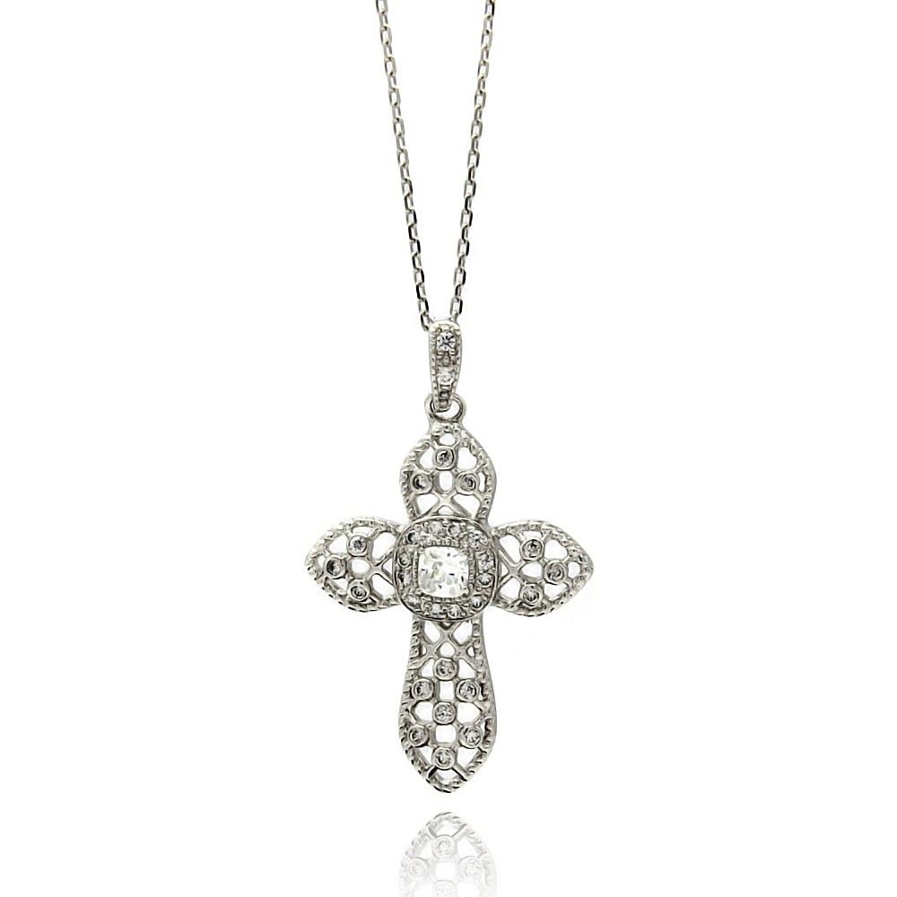 Sterling Silver Rhodium Plated Net Cross CZ Necklace