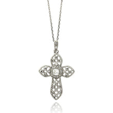 Load image into Gallery viewer, Sterling Silver Rhodium Plated Net Cross CZ Necklace