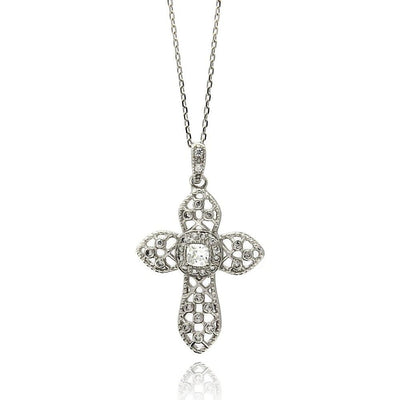 Sterling Silver Rhodium Plated Net Cross CZ Necklace