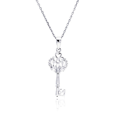 Sterling Silver Necklace with Vintage Style Filigree Heart Key Pendant