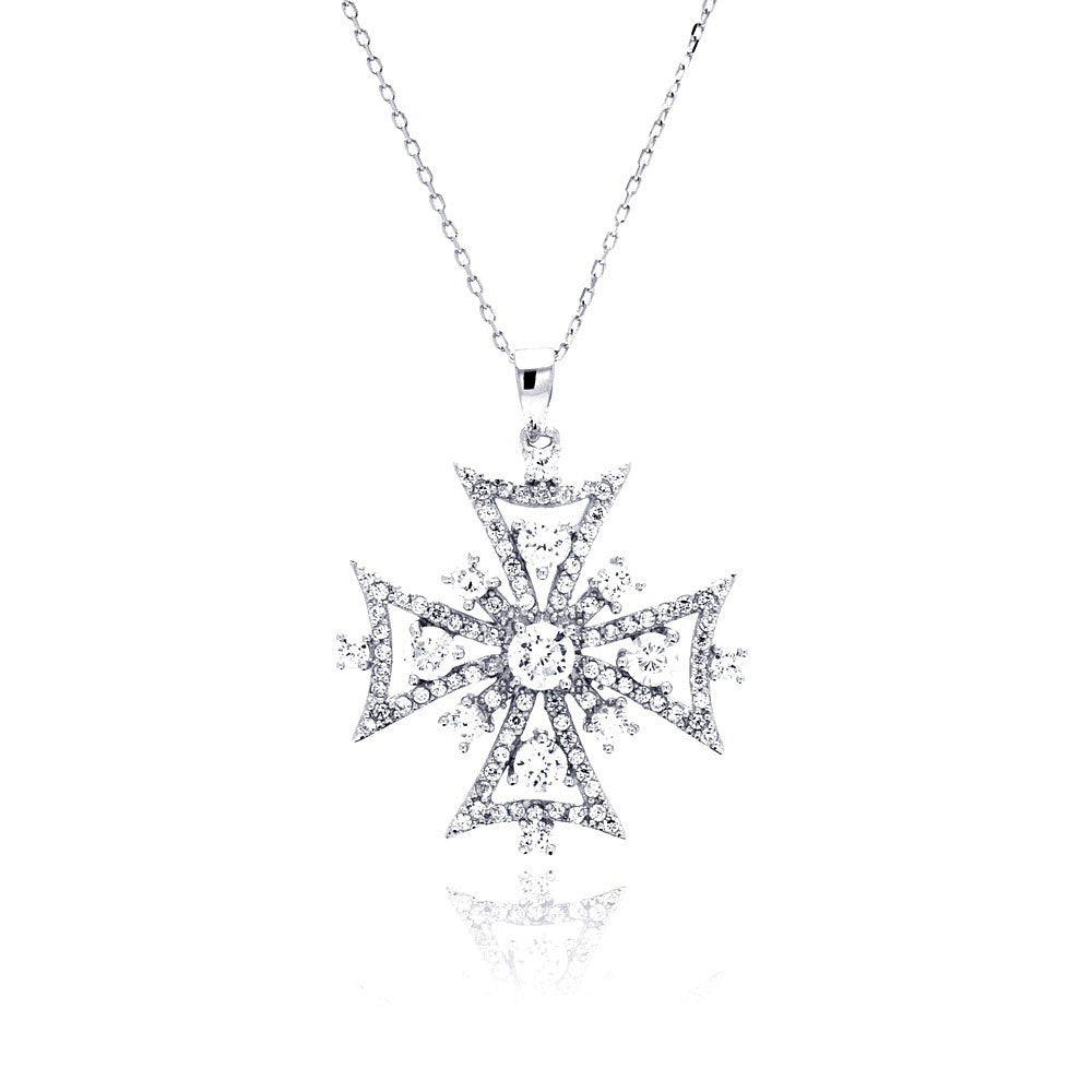 Sterling Silver Rhodium Plated Outline Cross CZ Necklace