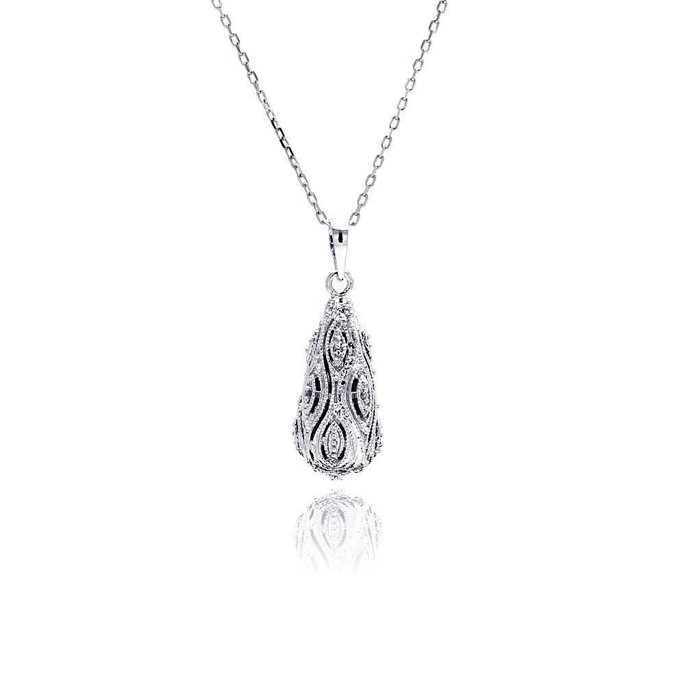 Sterling Silver Necklace with Stylish Filigree Paved Czs Pear Shaped Pendant