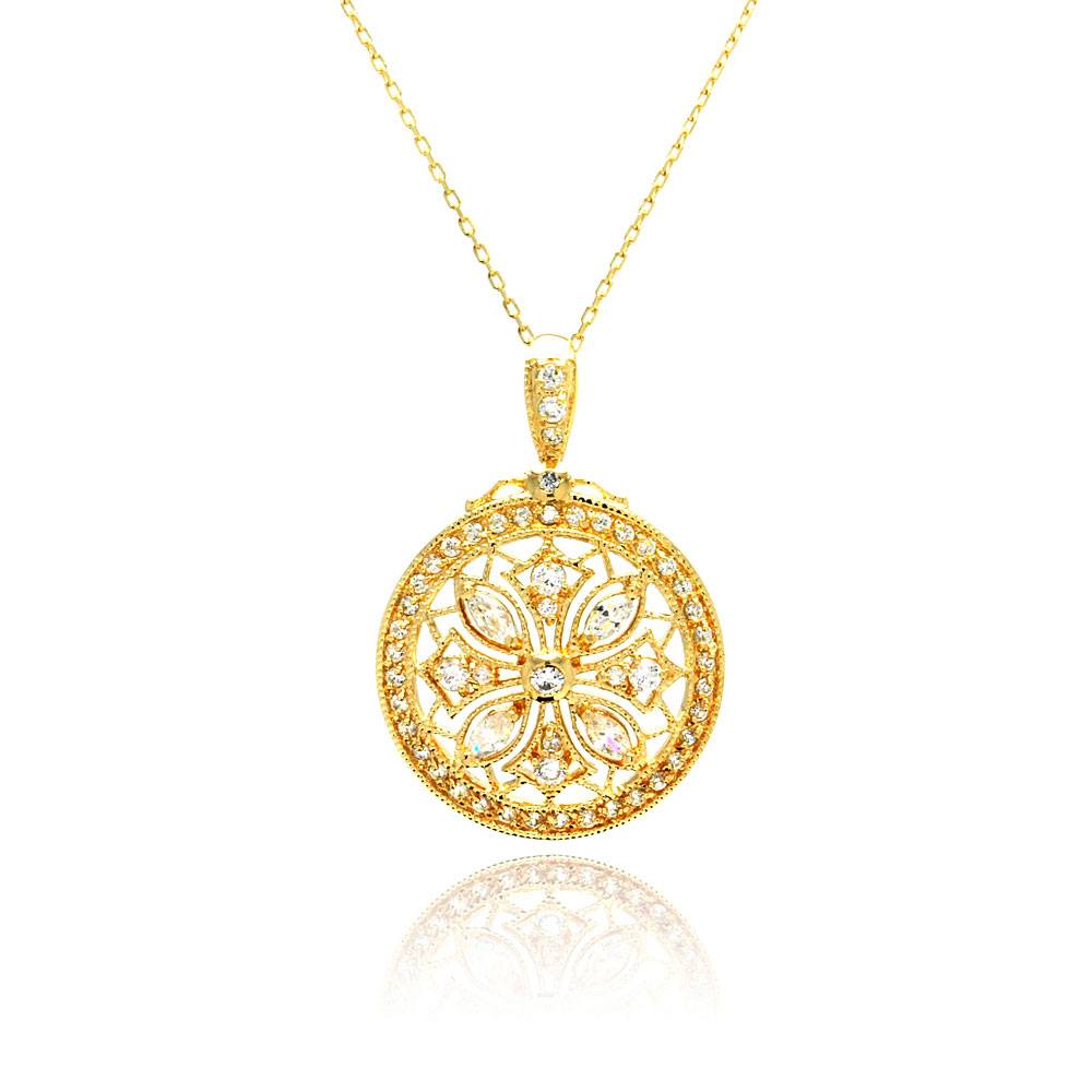 Sterling Silver Rhodium Plated Disc Designed Filigree CZ Necklace