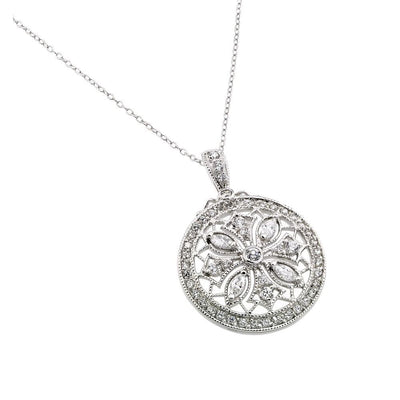 Sterling Silver Rhodium Plated Disc Designed Filigree CZ Necklace