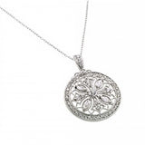 Sterling Silver Necklace with Antique Style Filigree Disc Cut-Out Design Inlaid with Clear Czs Pendant