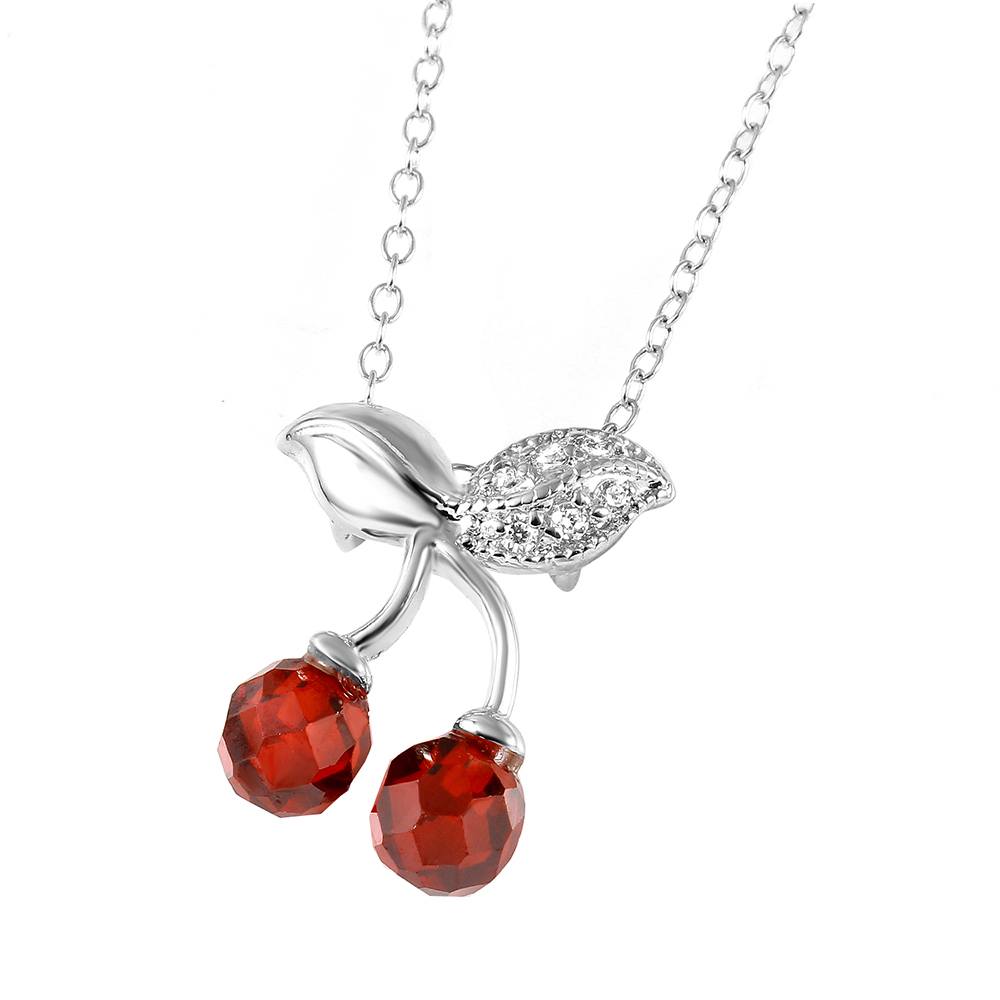 Sterling Silver Rhodium Plated Cherries Necklace