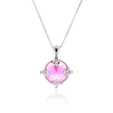 Sterling Silver Necklace with Elegant Round Pink Cz Pendant Inlaid with Clear Czs on Bezel Setting