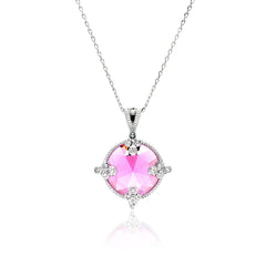 Sterling Silver Necklace with Elegant Round Pink Cz Pendant Inlaid with Clear Czs on Bezel Setting