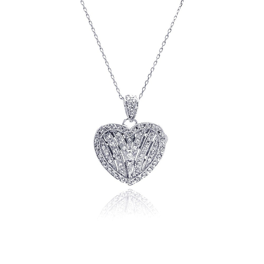 Sterling Silver Necklace with Fancy Paved Heart Locket Pendant