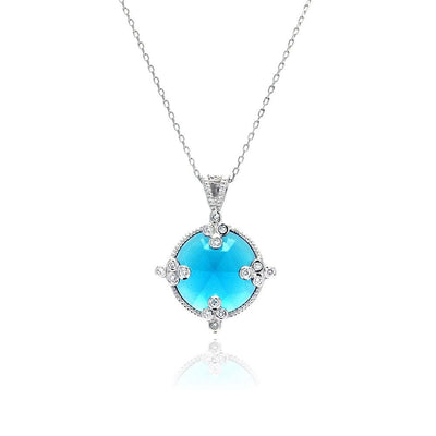 Sterling Silver Necklace with Elegant Round Blue Cz Pendant Inlaid with Clear Czs on Bezel Setting