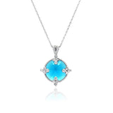 Sterling Silver Necklace with Elegant Round Blue Cz Pendant Inlaid with Clear Czs on Bezel Setting