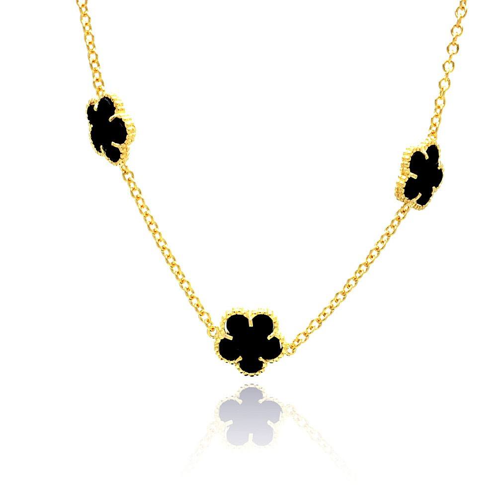 Sterling Silver Gold Plated Necklace with Multi Black Onyx Flower Connector