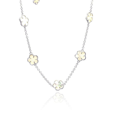 Sterling Silver Rhodium Plated MOP Flower White Enamel CZ .925 Necklace