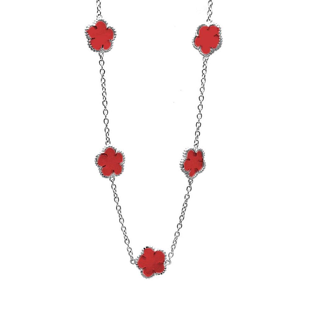 Sterling Silver Rhodium Plated Flower Red Enamel .925 Necklace