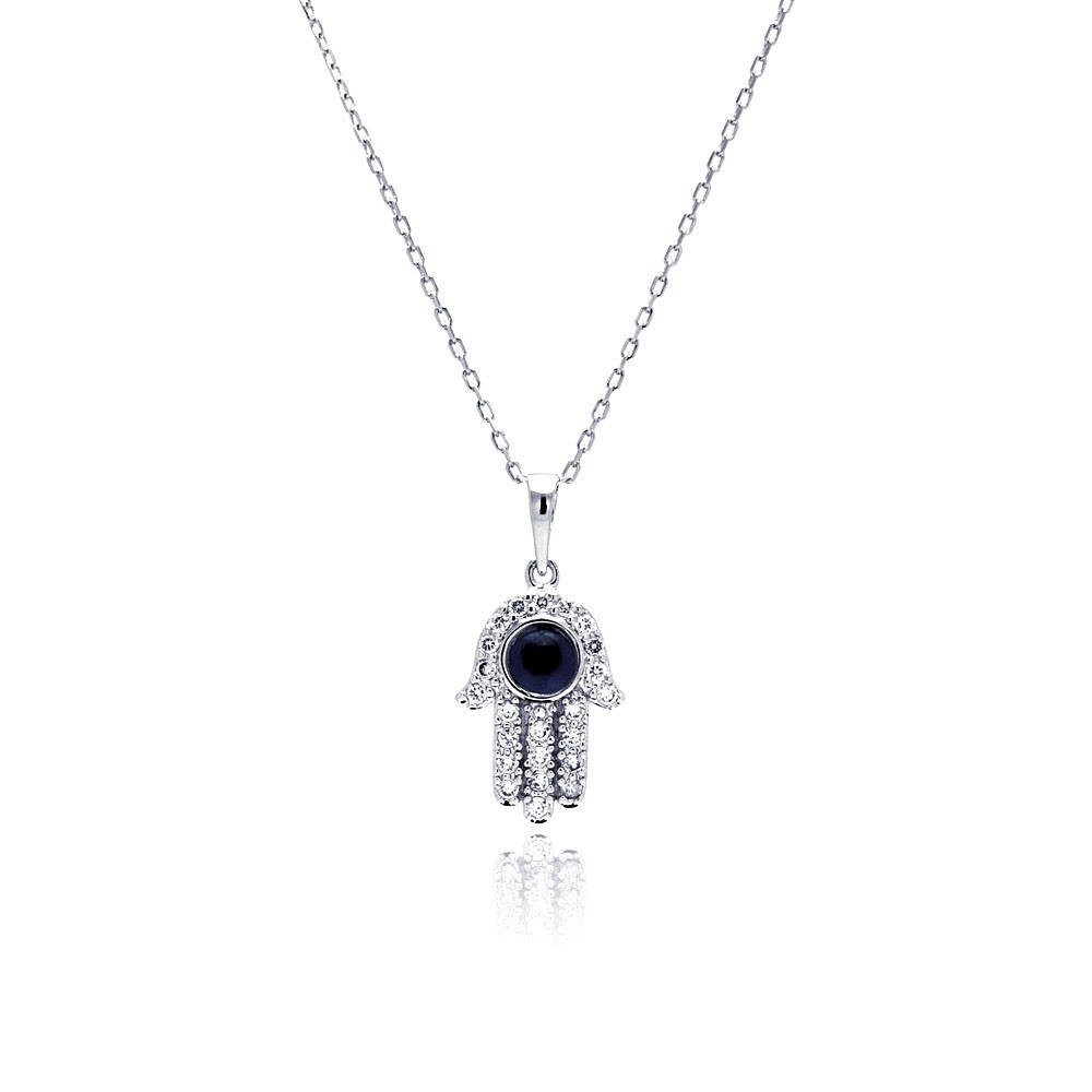 Sterling Silver Rhodium Plated Hamsa Evil Eye CZ Necklace