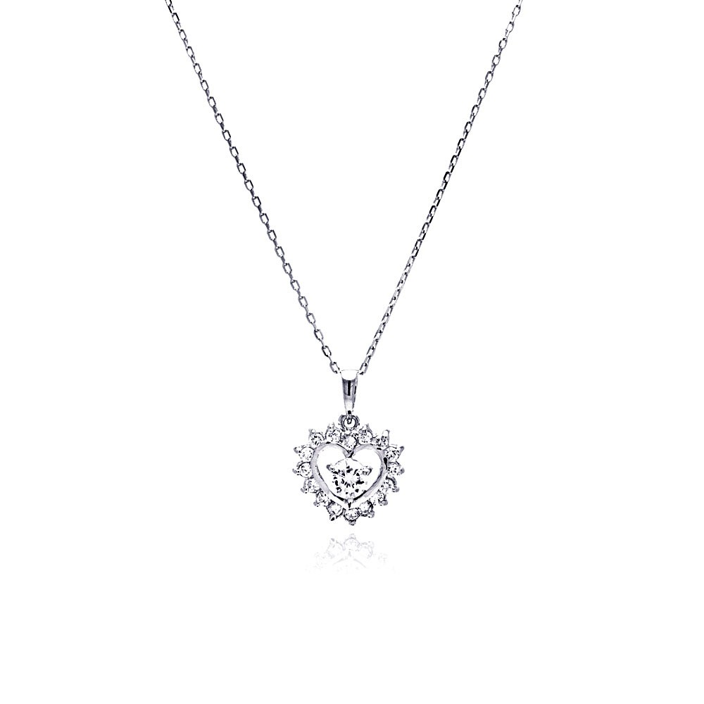 Sterling Silver Necklace with Antique Style Open Heart Inlaid with Czs and Centered with Solitaire Round Cut Cz Pendant